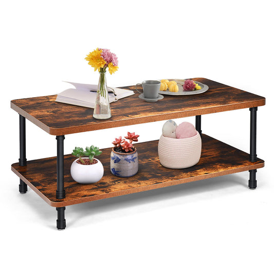 Giantex Coffee Table, Retro Central Table with Vintage Wood Grain, 2-Tier Storage Shelf, Thickened Tabletop & Steel Legs, Cocktail Table for Living Room Bedroom Corridor Office, Rustic Brown