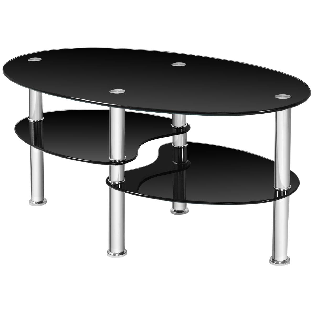 Giantex Tempered Glass Coffee Table, Oval 3-Tier Steel Tea Table w/Spacious Glass Desk-Top, Open Storage Shelf, Modern End Side Table for Home Living Room Office Reception (Clear Glass)