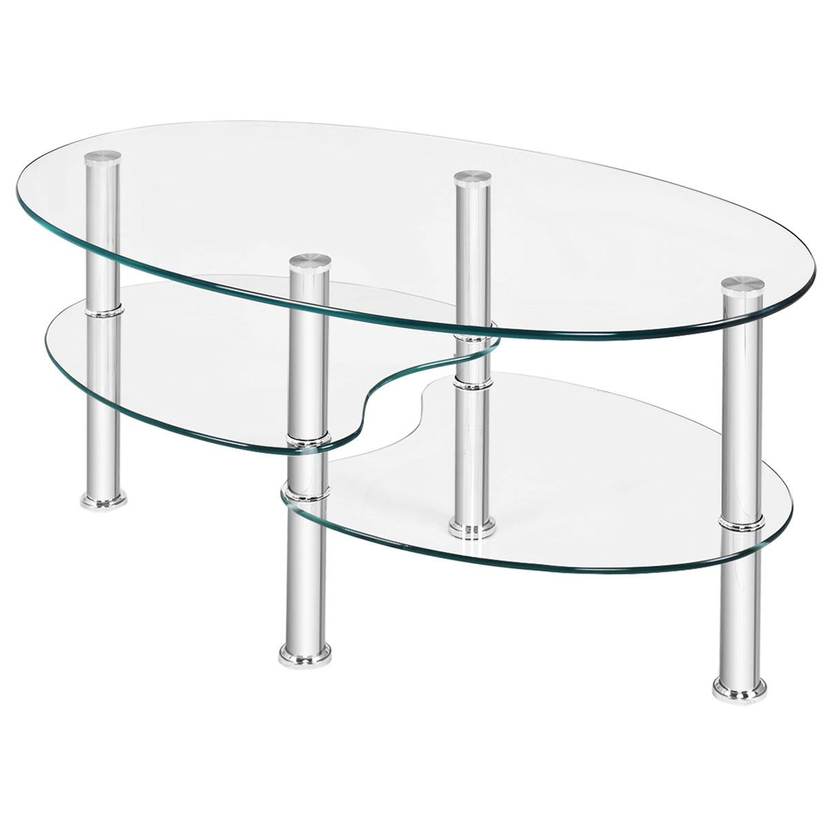 Giantex Tempered Glass Coffee Table, Oval 3-Tier Steel Tea Table w/Spacious Glass Desk-Top, Open Storage Shelf, Modern End Side Table for Home Living Room Office Reception (Clear Glass)