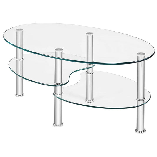 Giantex Tempered Glass Coffee Table, Oval 3-Tier Steel Tea Table w/Spacious Glass Desk-Top, Open Storage Shelf, Modern End Side Table for Home Living Room Office Reception (Clear Glass)