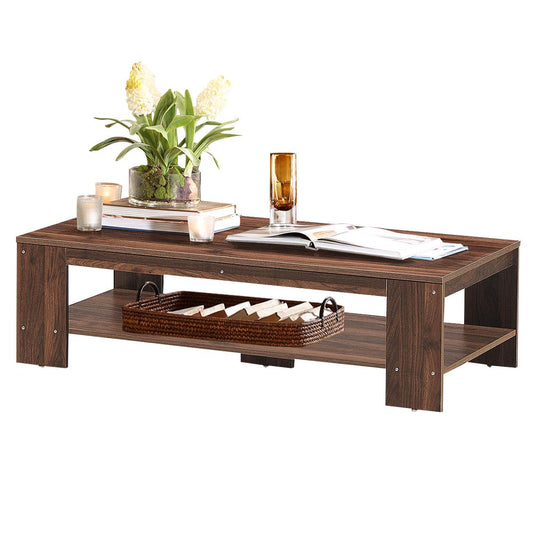 Giantex Wooden Coffee Table, Rectangular End Table with Large MDF Top and Open Storage Shelf, Rustic Cocktail/Tea Table for Living Room, Office, Reception, Walnut