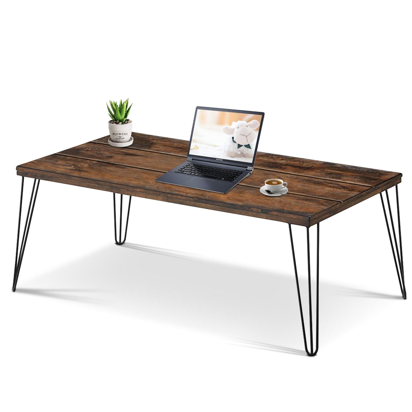 Giantex Wooden Coffee Table, Rectangular Central Table w/Solid Wood Tabletop & Metal Legs, Industrial Cocktail Tea Table for Living Room Office Reception Room, Easy Assembly, Walnut