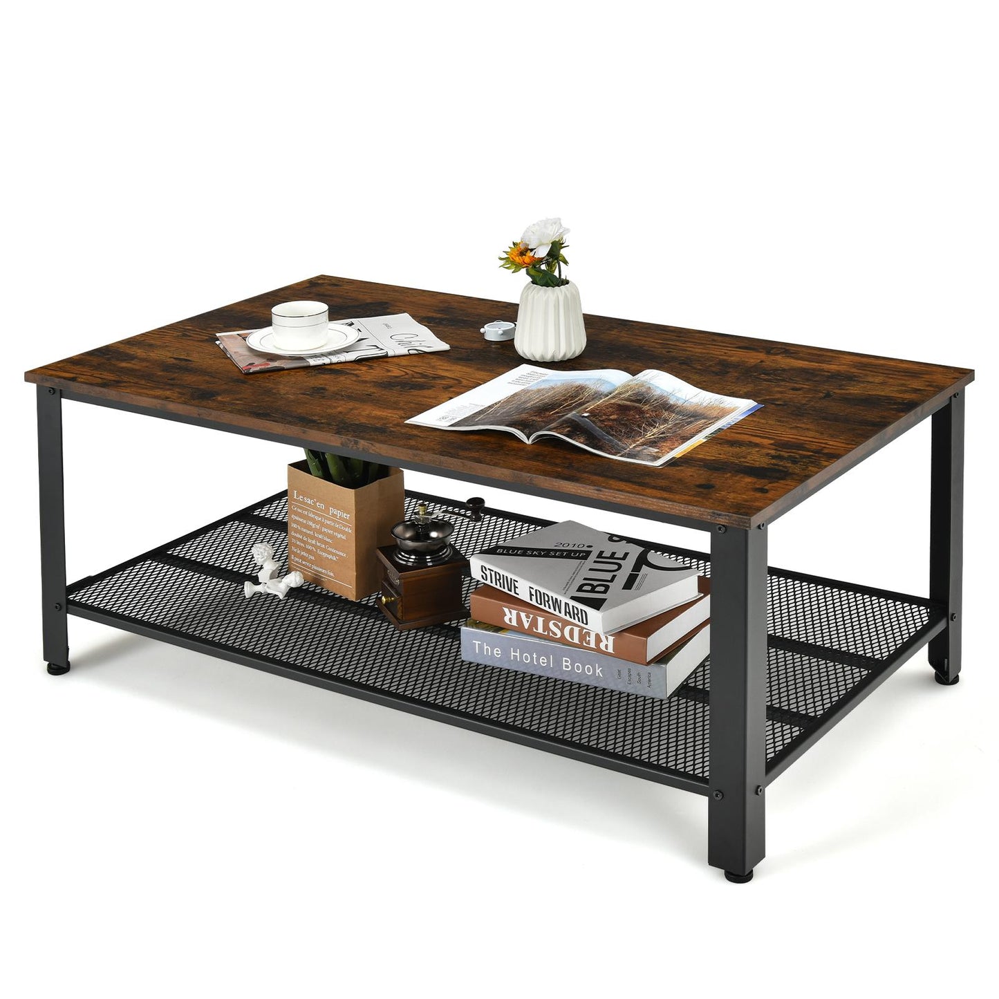 Giantex Industrial Coffee Table with Storage Shelf, 2-Tier Vintage Central Entertainment Console Table, Retro Accent Cocktail Tea Table for Living Room Office, Easy Assembly