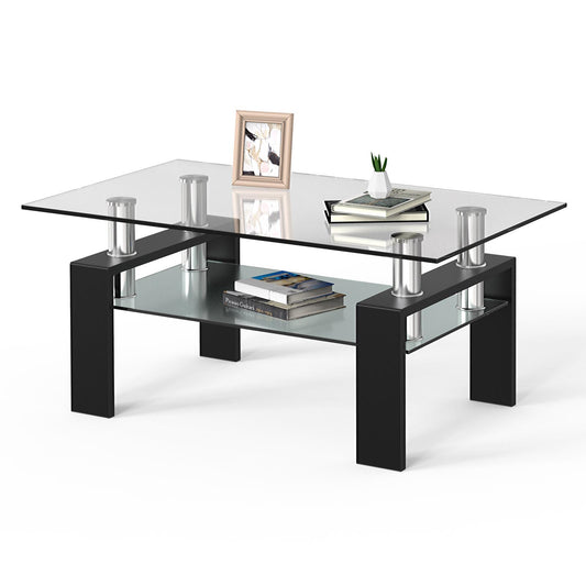 Giantex Glass Coffee Table, 2 Tier Central Table with Lower Storage Shelf Tempered Glass Tabletop, Modern Cocktail Table with Metal Frame, Tea Table (Black)
