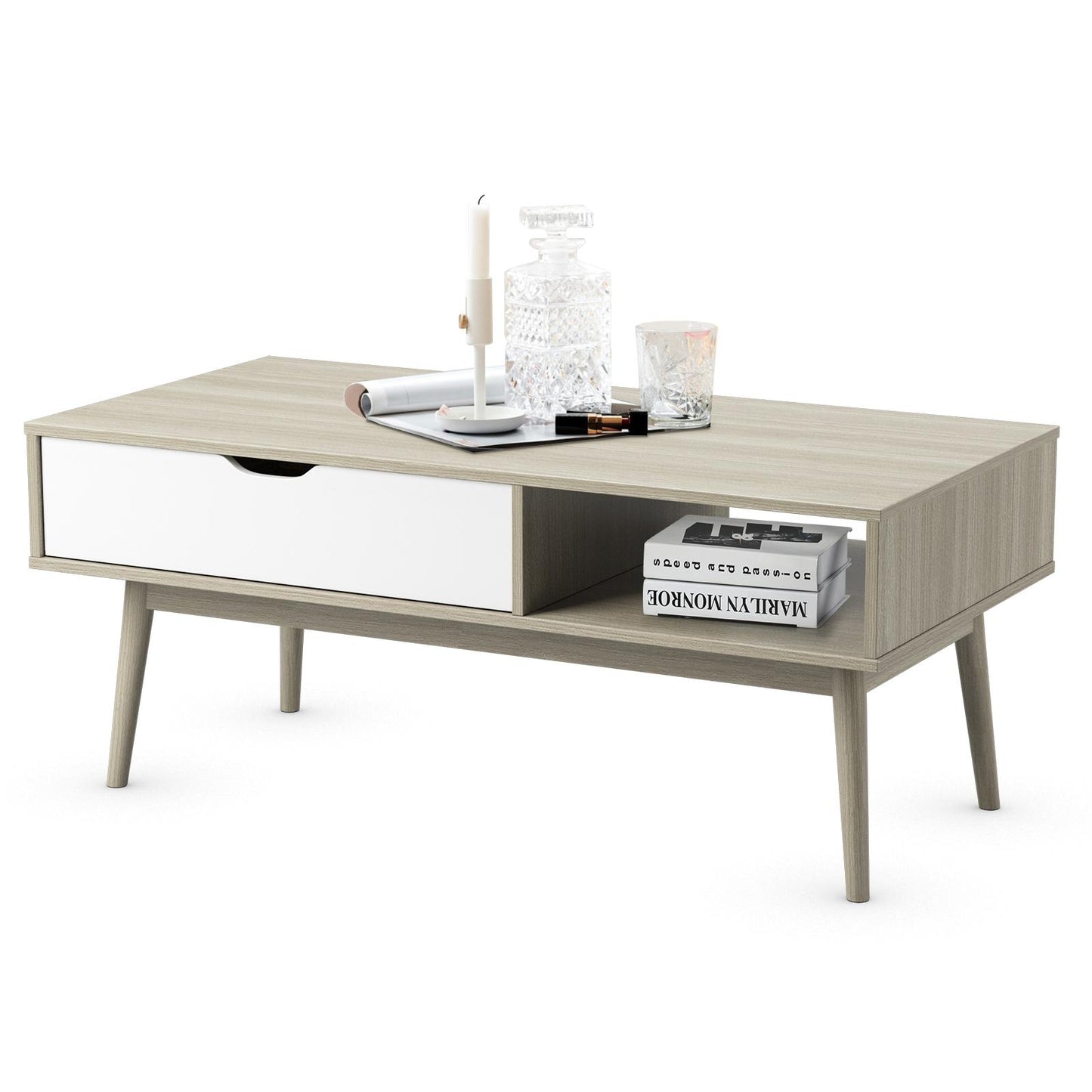 Giantex Coffee Table, Mid-Century Modern Cocktail Table with Drawer & Open Storage Shelf & Solid Wood Legs, Multipurpose Center Table for Living Room Office, Rectangular TV Table, Gray