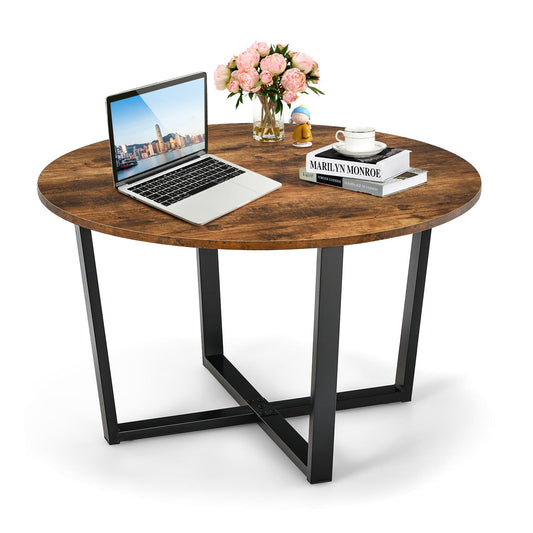Giantex Round Coffee Table, Modern Leisure Tea Table w/X Base Metal Frame, Industrial Style Cocktail Table for Living Room Bedroom Office, Easy Assembly