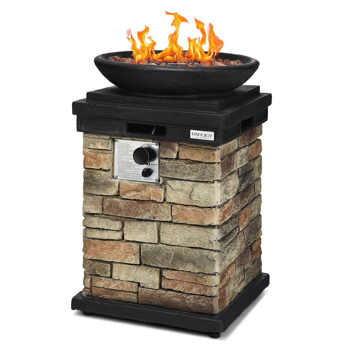 Propane Firebowl Column, 40,000 BTU Outdoor Gas Fire Pit Realistic Look Firepit Heater w/ Adjustable Feet, Free Lava Rocks & Raincover, Propane Fire Pit Table for Outside