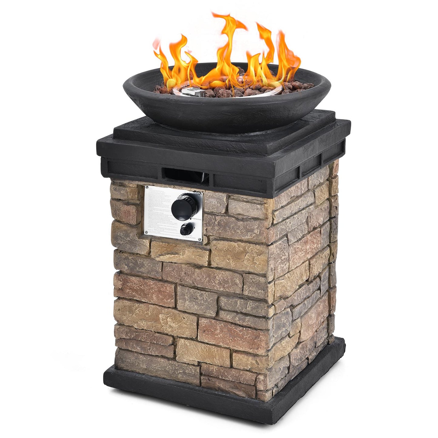 Propane Firebowl Column, 40,000 BTU Outdoor Gas Fire Pit Realistic Look Firepit Heater w/ Adjustable Feet, Free Lava Rocks & Raincover, Propane Fire Pit Table for Outside