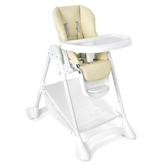 Giantex Baby High Chair, Foldable Toddler Dining Chair w/ Detachable PU Cushion & Trays, Lockable Wheels & Storage Basket, Adjustable Height, Portable Infants Feeding Chair