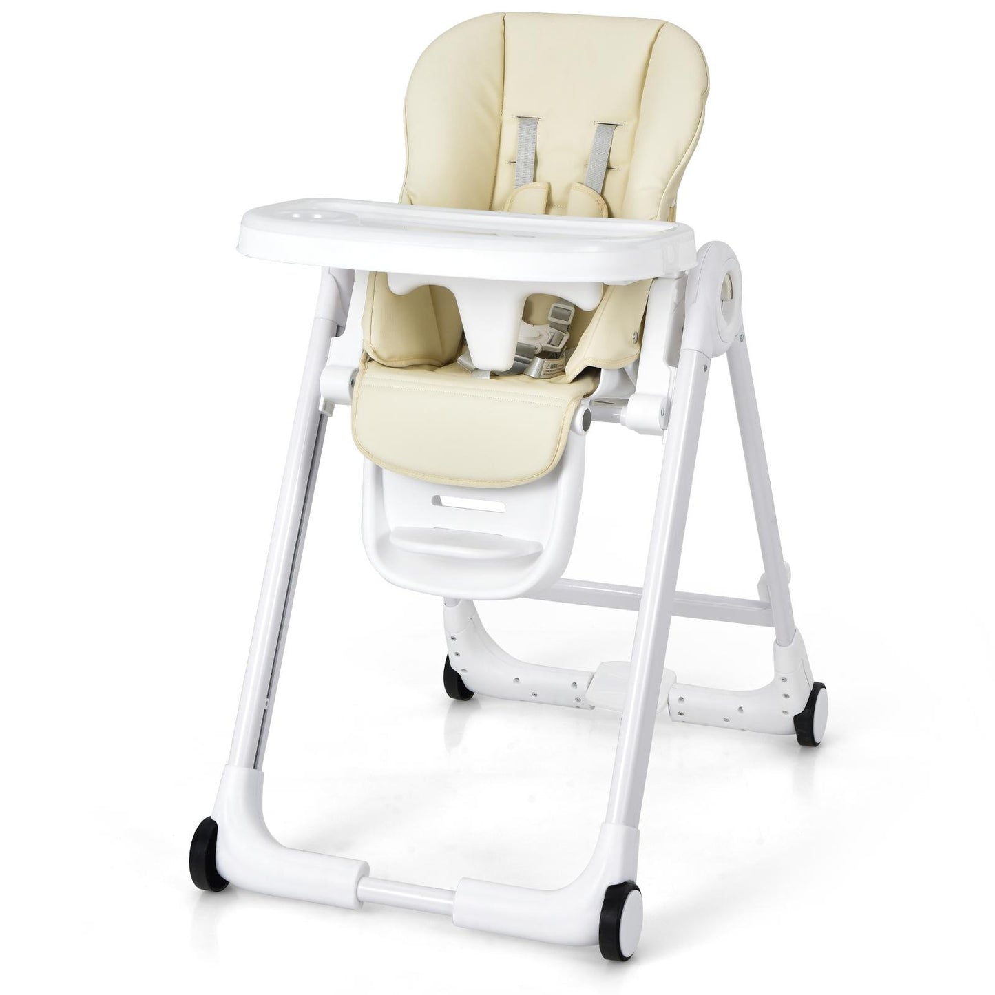 Giantex High Chair for Babies and Toddlers, Foldable Feeding Chair with Adjustable Height, Detachable Double Trays & Seat Cushion, Toddler Dining Chair with Wheels