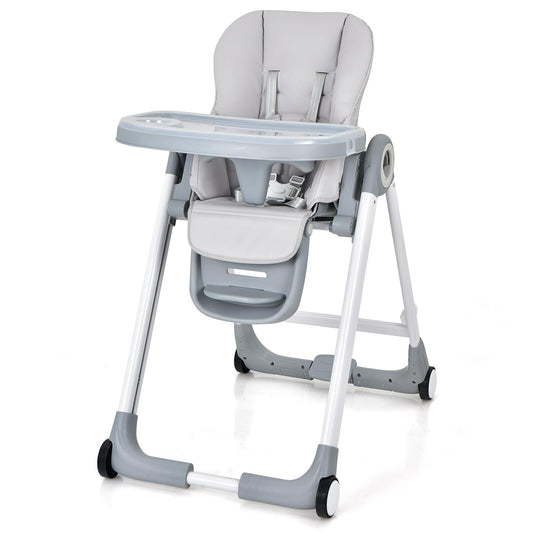 Giantex High Chair for Babies and Toddlers, Foldable Feeding Chair with Adjustable Height, Detachable Double Trays & Seat Cushion, Toddler Dining Chair with Wheels
