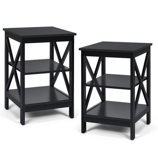 Giantex Set of 2 Wooden Sofa Side Table, 3-Tier Nightstands w/Storage Shelves, X-Design Structure, End Table for Home, Black