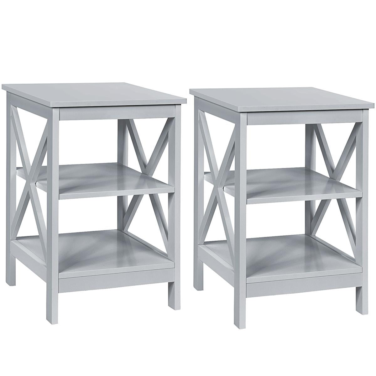 Giantex Set of 2 Wooden Sofa Side Table, 3-Tier Nightstands w/Storage Shelves, X-Design Structure, End Table for Home, Grey