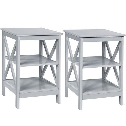 Giantex Set of 2 Wooden Sofa Side Table, 3-Tier Nightstands w/Storage Shelves, X-Design Structure, End Table for Home, Grey