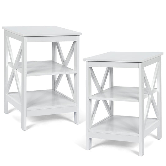 Giantex Set of 2 Wooden Sofa Side Table, 3-Tier Nightstands w/Storage Shelves, X-Design Structure, End Table for Home, White