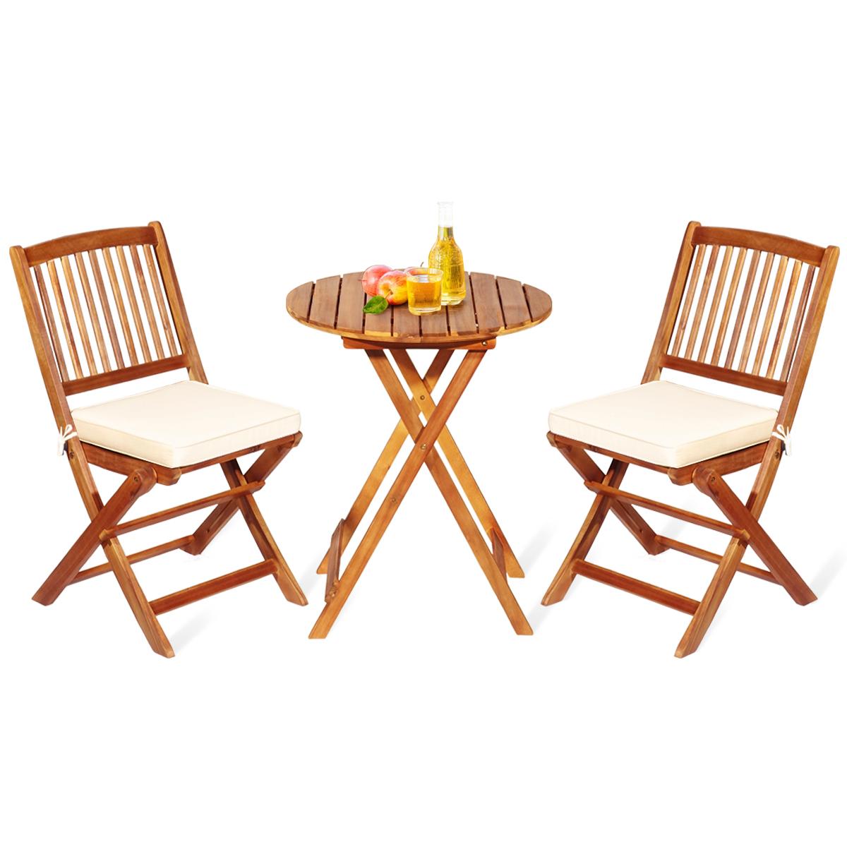 Giantex 3Pcs Patio Bistro Set, Wood Folding Table Set, 2 Cushioned Chairs for Garden Yard
