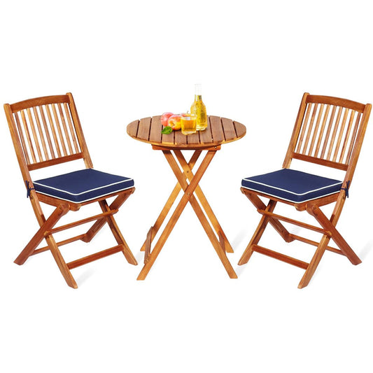 Giantex 3Pcs Patio Bistro Set, Wood Folding Table Set, 2 Cushioned Chairs for Garden Yard