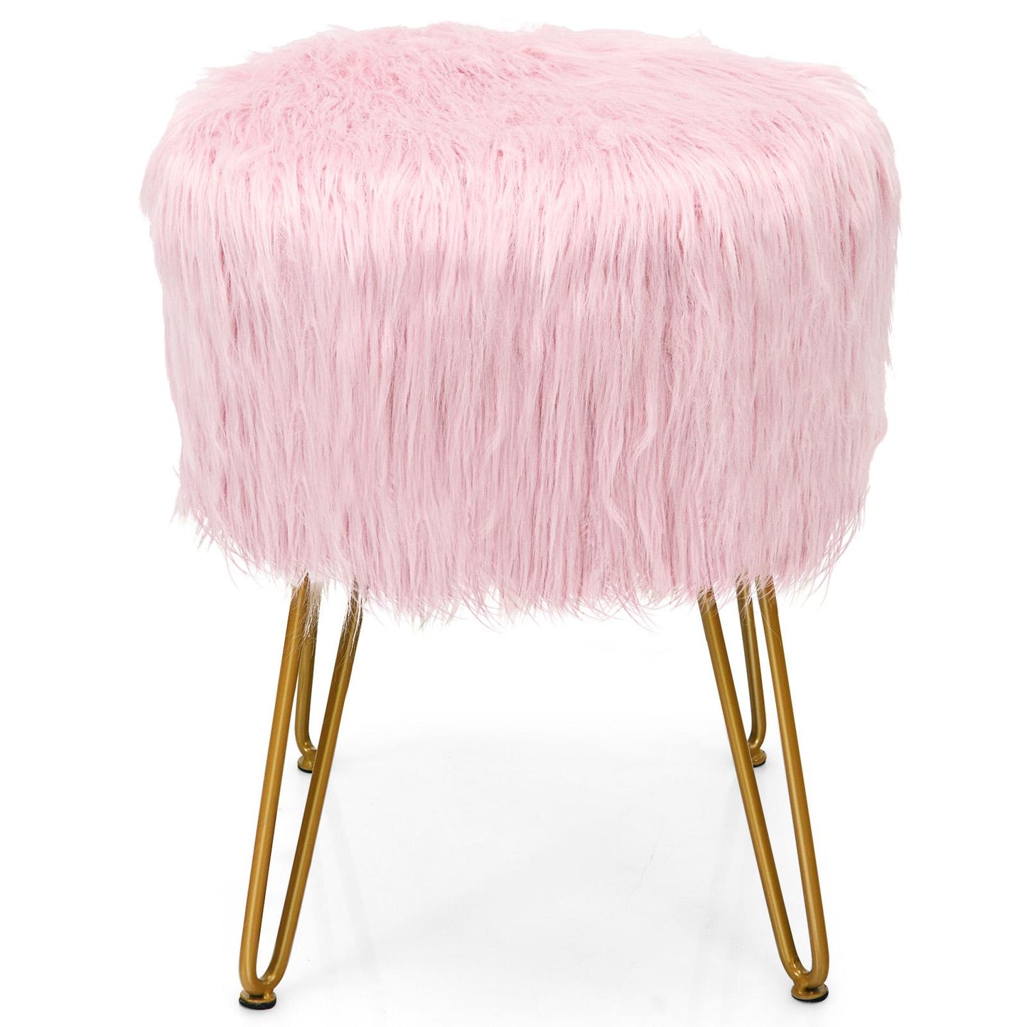 Giantex Faux Fur Vanity Stool Chair, Round Footstool Ottoman with Metal Legs, Fluffy Chair Footrest, Makeup Stool for Bedroom