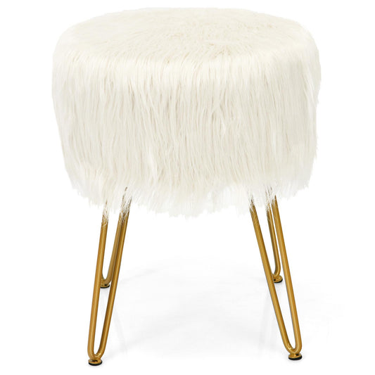 Giantex Faux Fur Vanity Stool Chair, Round Footstool Ottoman with Metal Legs, Fluffy Chair Footrest, Makeup Stool for Bedroom