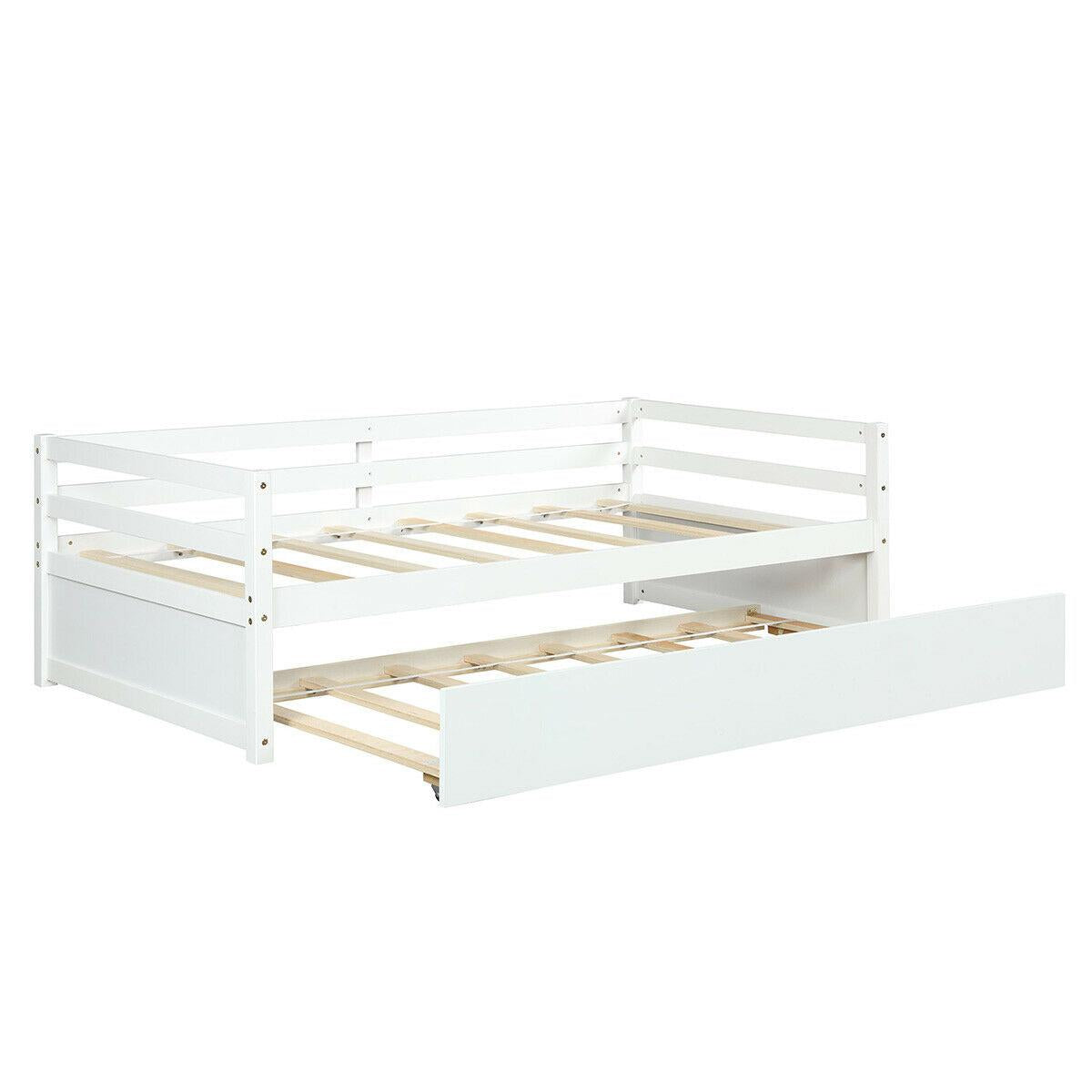 Giantex Twin Size Wooden Daybed with Pull-Out Trundle Bed Set Wood Guest Bed Frame Slats for Bedroom Living Room Dorm