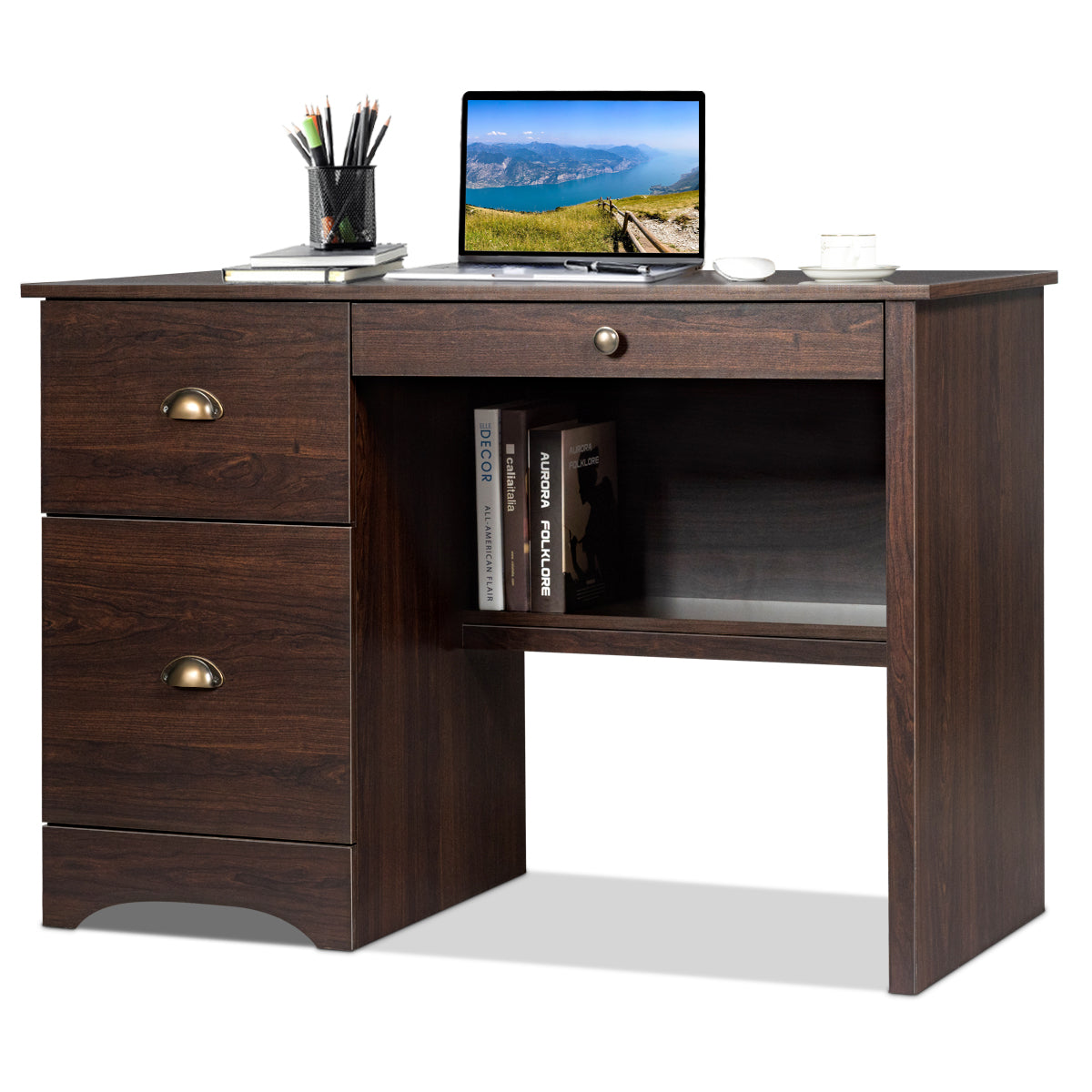 Giantex Computer Desk w/Drawers, Home Office Desk w/Wood Frame, Storage Shelf, Spacious Desktop, Vintage Executive Desk for Living Room, Office
