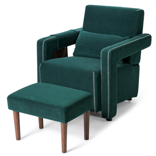 Giantex Armchair w/Ottoman, Leisure Soft Sofa Chair w/Waist Pillow, Adjustable Foot Pads for Reading, Green