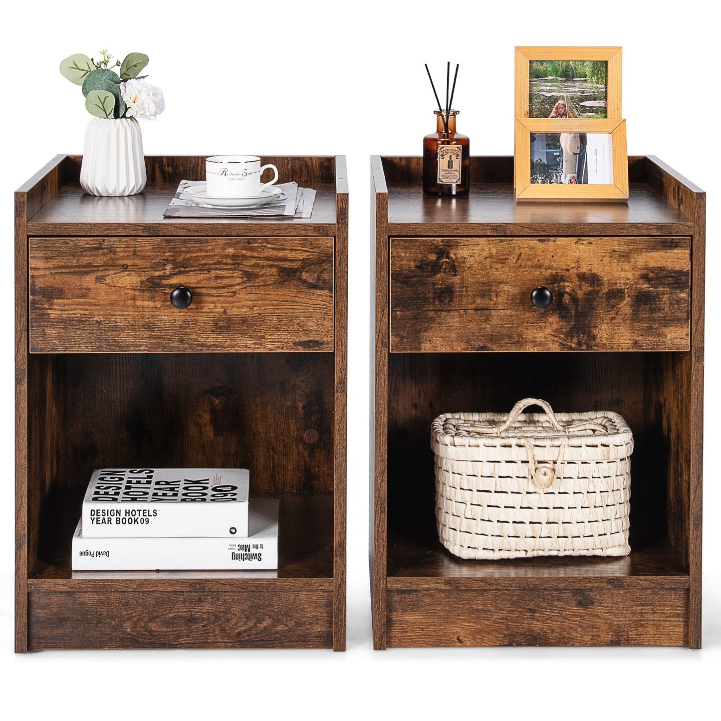 Giantex Set of 2 Nightstand, End Table w/Storage Drawer, Wooden Sofa Bed Side Table for Home & Office, Brown