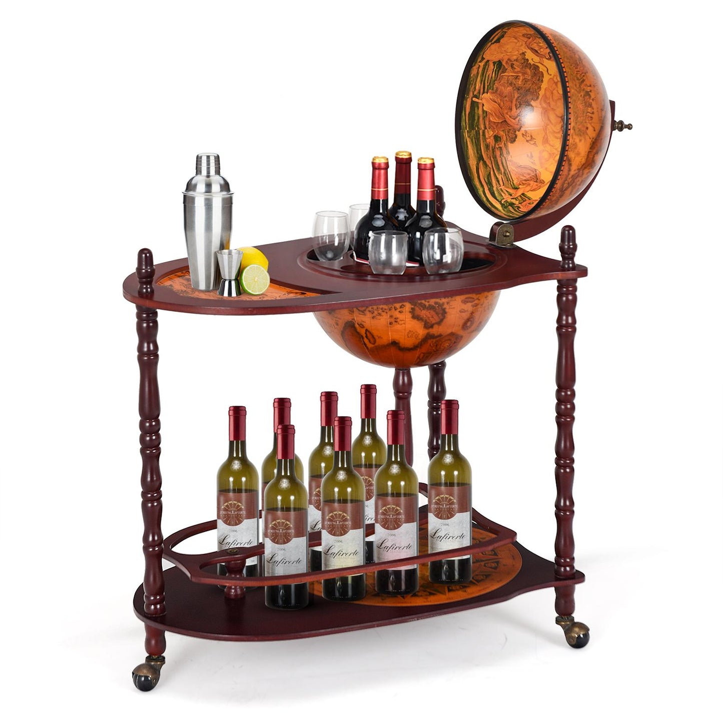 Giantex 34"H Wood Globe Wine Bar Cabinet Stand, Freestanding 16th Century Italian Liquor Bottle Shelf w/Wheels