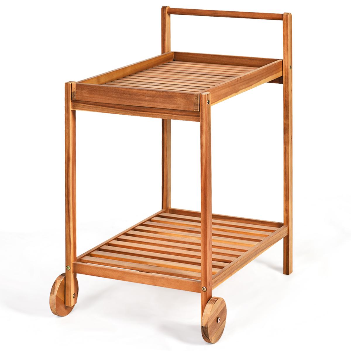 Giantex Acacia Wood Servicing Cart, Kitchen Bar Cart w/Wheels, Portable Trolley for Dining Room