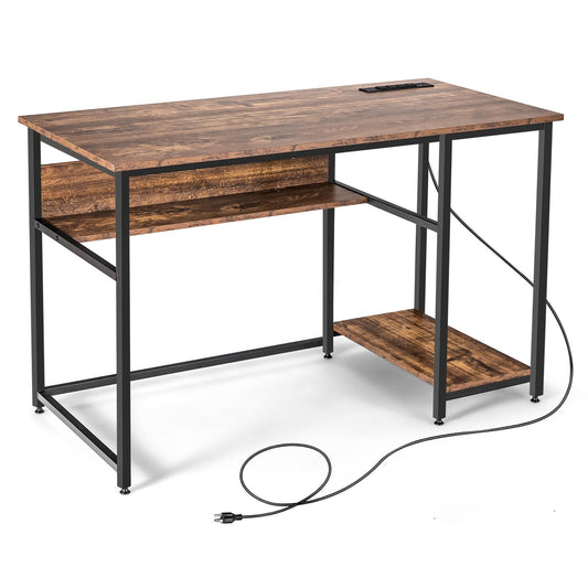 Giantex Computer Desk, Home Office PC Workstation w/USB Ports & Power Outlet, Writing Desk w/Metal Frame, Brown