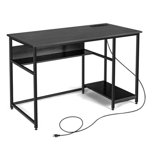 Giantex Computer Desk, Home Office PC Workstation w/USB Ports & Power Outlet, Writing Desk w/Metal Frame, Black