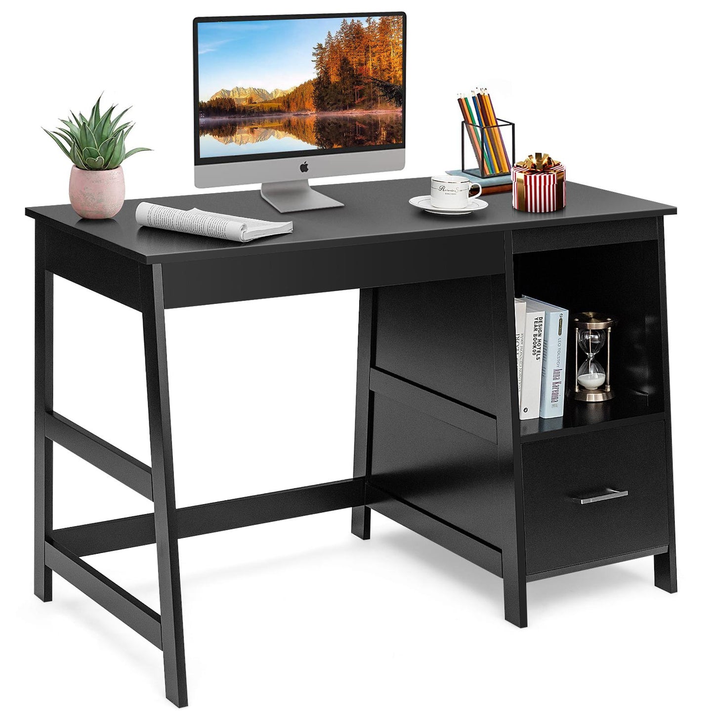 Giantex Wooden Computer Desk, Home Office Desk w/Large Storage Space, Multipurpose Ladder Writing Study Table, Black