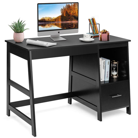 Giantex Wooden Computer Desk, Home Office Desk w/Large Storage Space, Multipurpose Ladder Writing Study Table, Black