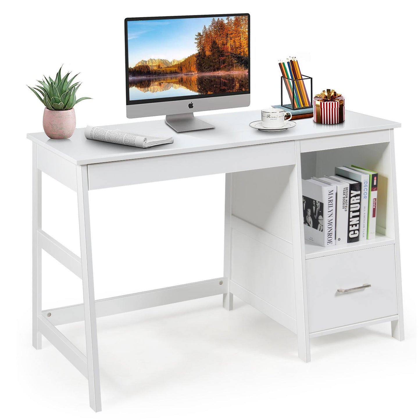 Giantex Wooden Computer Desk, Home Office Desk w/Large Storage Space, Multipurpose Ladder Writing Study Table, White