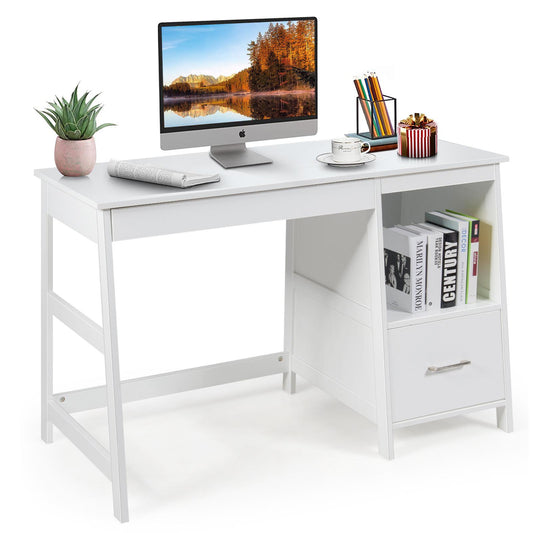 Giantex Wooden Computer Desk, Home Office Desk w/Large Storage Space, Multipurpose Ladder Writing Study Table, White