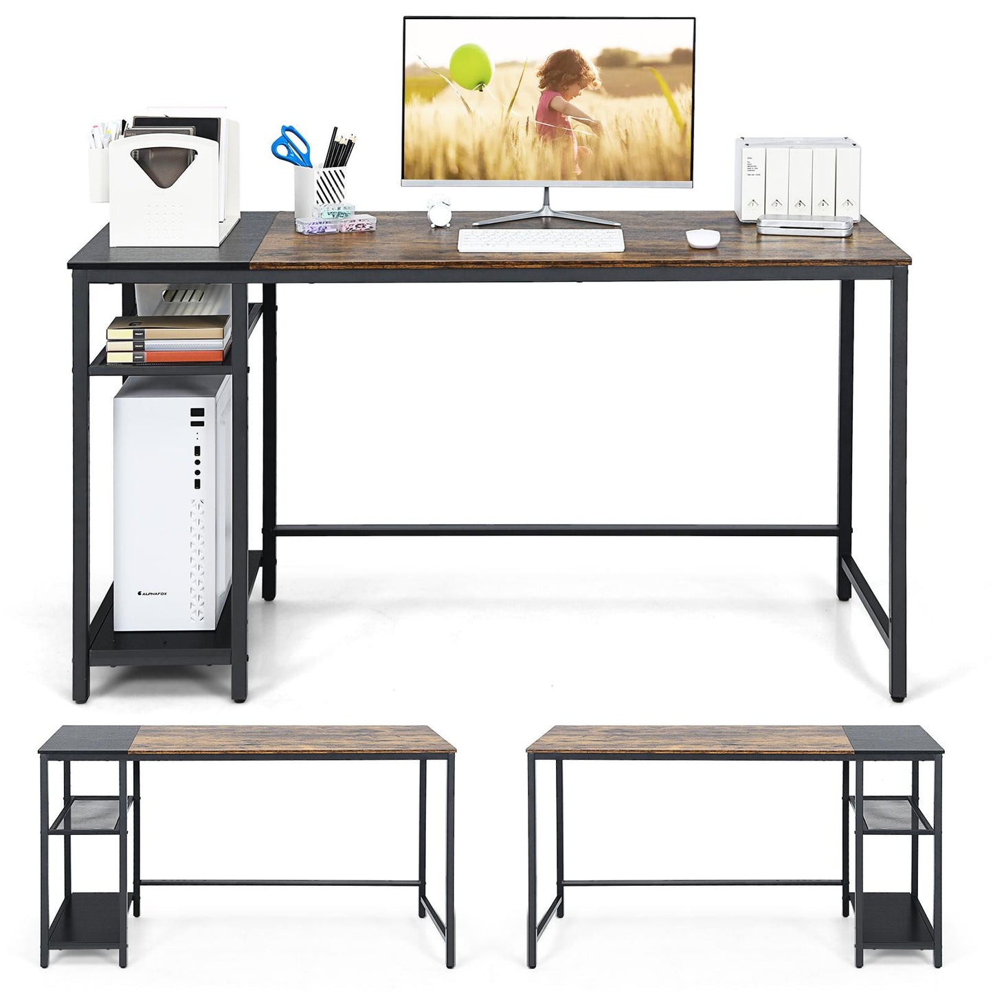Giantex Industrial Home Office Desk, 55” Reversible Computer Desk w/2-Tier Storage Rack & Adjustable Mesh Shelf, Study Writing Desk