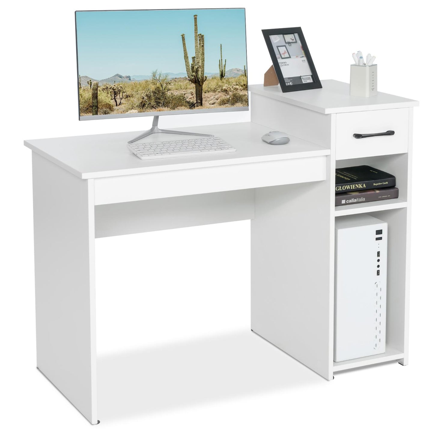 Giantex Computer Table Desk, Modern Simple Wooden Desk w/Storage Drawer & Compartments, Study Writing Computer Table for Home Office,White