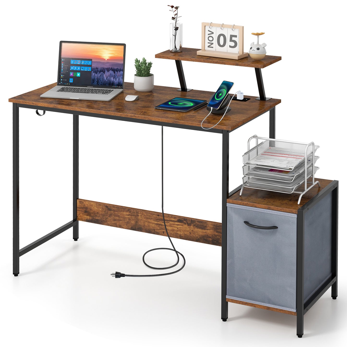 Giantex Computer Desk w/Reversible Fabric Drawer & Power Outlet, Industrial Sturdy Desk w/Moveable Shelf, Large PC Laptop Desk Workstation for Home & Office