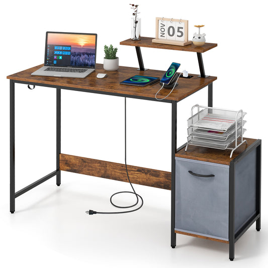 Giantex Computer Desk w/Reversible Fabric Drawer & Power Outlet, Industrial Sturdy Desk w/Moveable Shelf, Large PC Laptop Desk Workstation for Home & Office