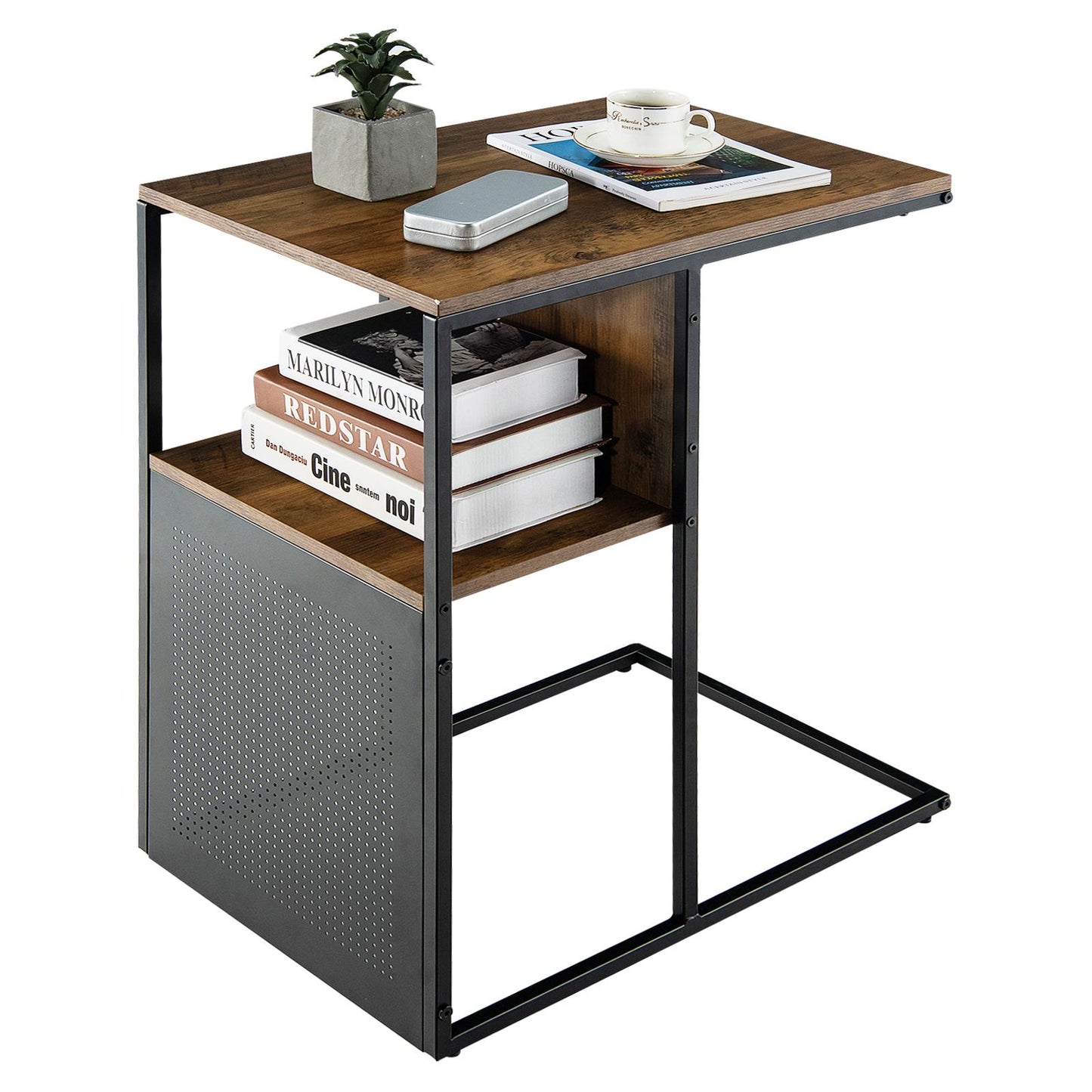 Giantex C Side Table for Sofa Couch & Bed, Reversible End Table with Wooden Shelf, C-shaped Nightstand, Easy to Assemble & Space-saving, Oak and Black