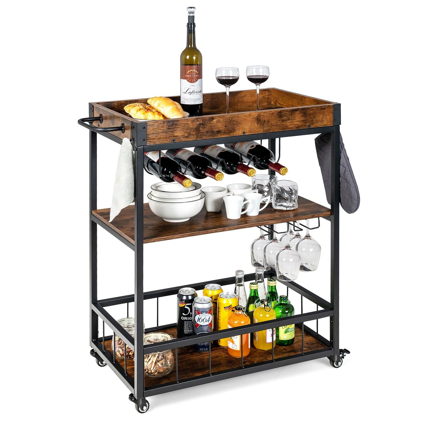 Giantex Bar Cart, Industrial Style Kitchen Rolling Cart  w/Removable Top Tray & Wheels,