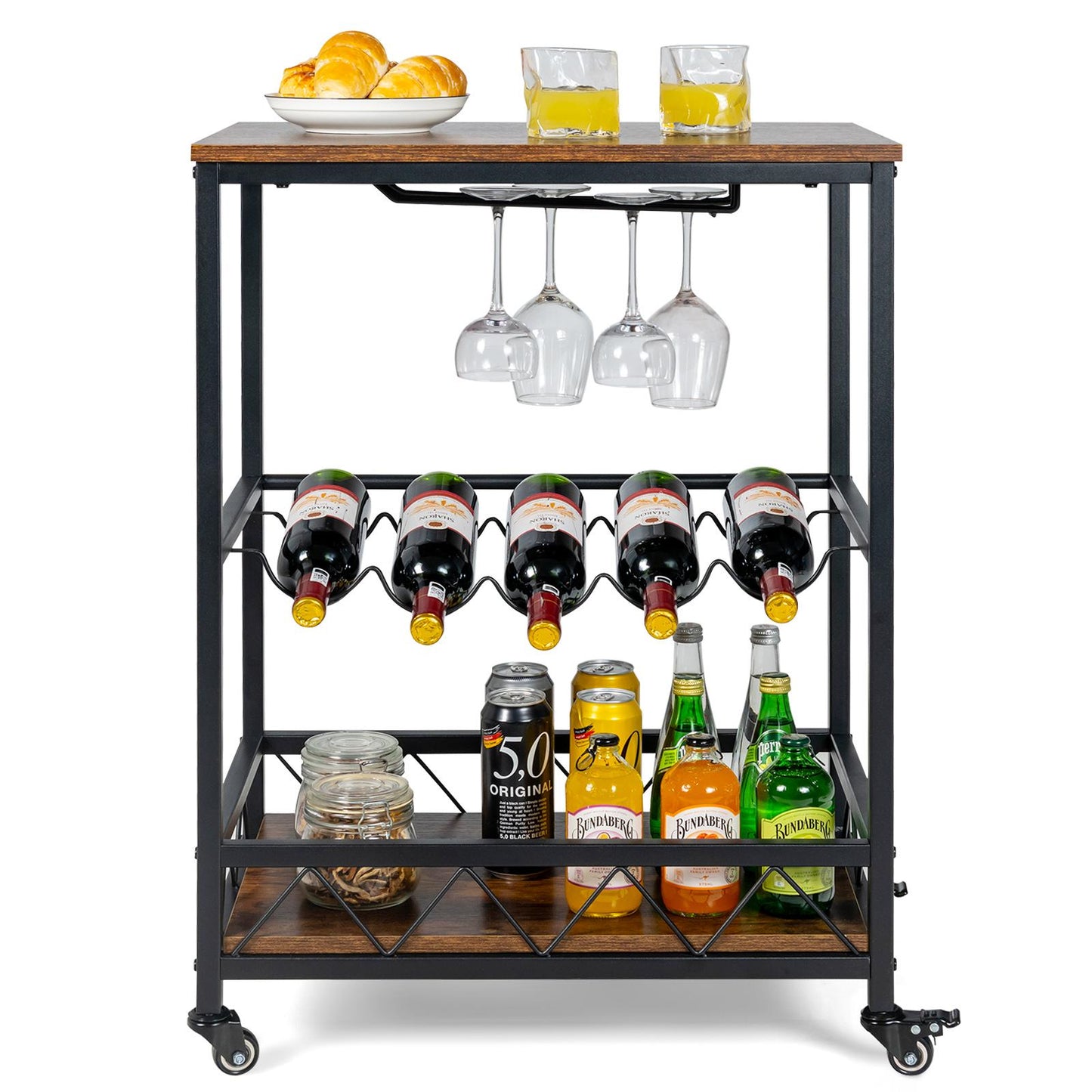Giantedx Industrial Style Kitchen Rolling Cart, Bar Cart w/Universal Rubber Wheels, Coffee Cart for Home & Dining Room