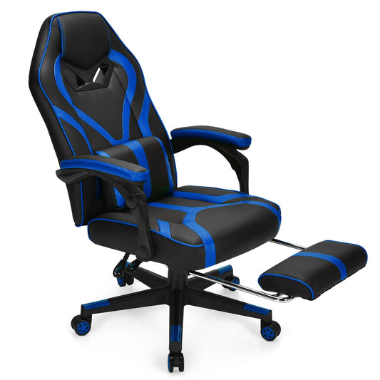 Giantex  Gaming Chair,  Ergonomic Recliner Chair w/Massage Lumbar Pillow, Adjustable Backrest, Footrest & Wheels, Racing Style Video Chair for Home Office, Blue