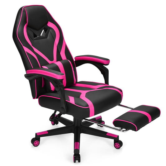 Giantex  Gaming Chair,  Ergonomic Recliner Chair w/Massage Lumbar Pillow, Adjustable Backrest, Footrest & Wheels, Racing Style Video Chair for Home Office, Pink