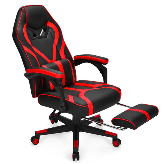 Giantex  Gaming Chair,  Ergonomic Recliner Chair w/Massage Lumbar Pillow, Adjustable Backrest, Footrest & Wheels, Racing Style Video Chair for Home Office, Red