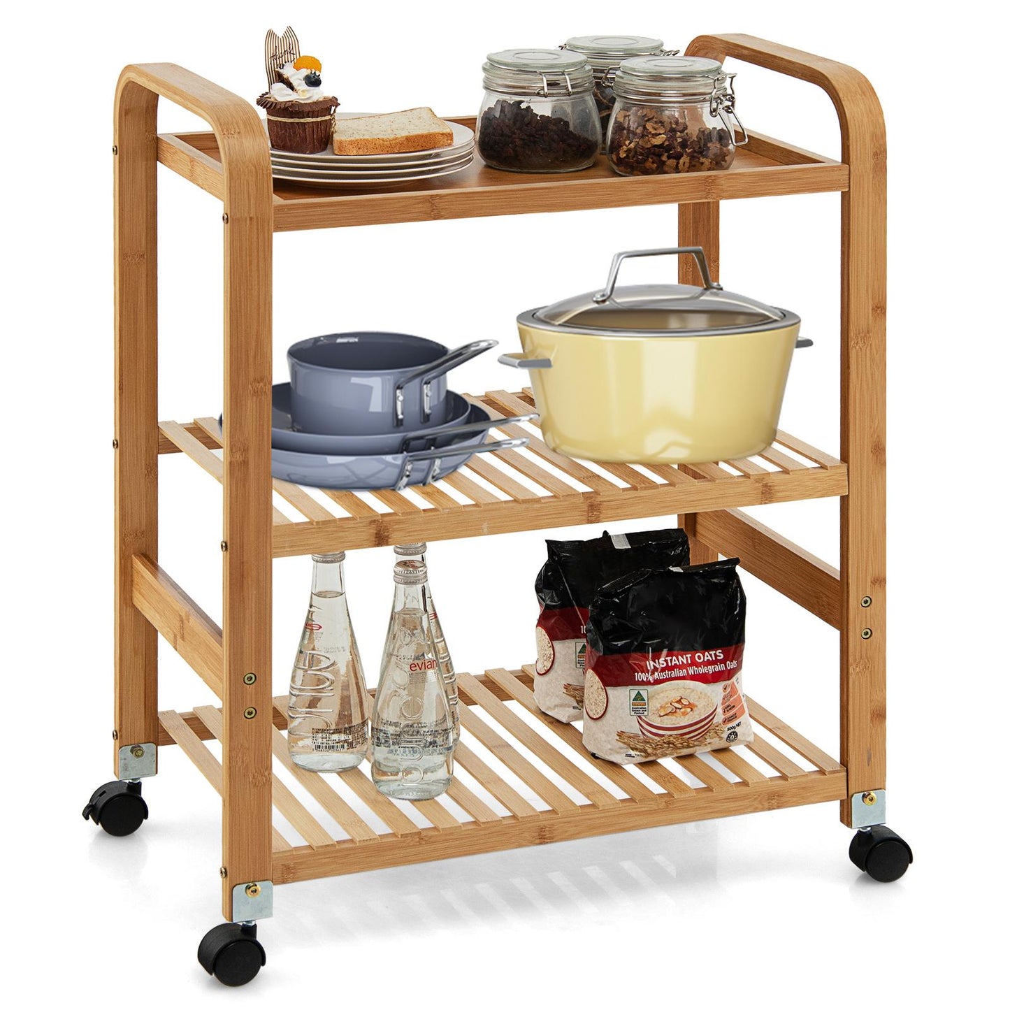 Giantex Bamboo Rolling Cart, Kitchen Utility Serving Trolley w/Locking Casters, Multifunctional Storage Rack, Mobile End Table, Island Stand Shelf for Home Office