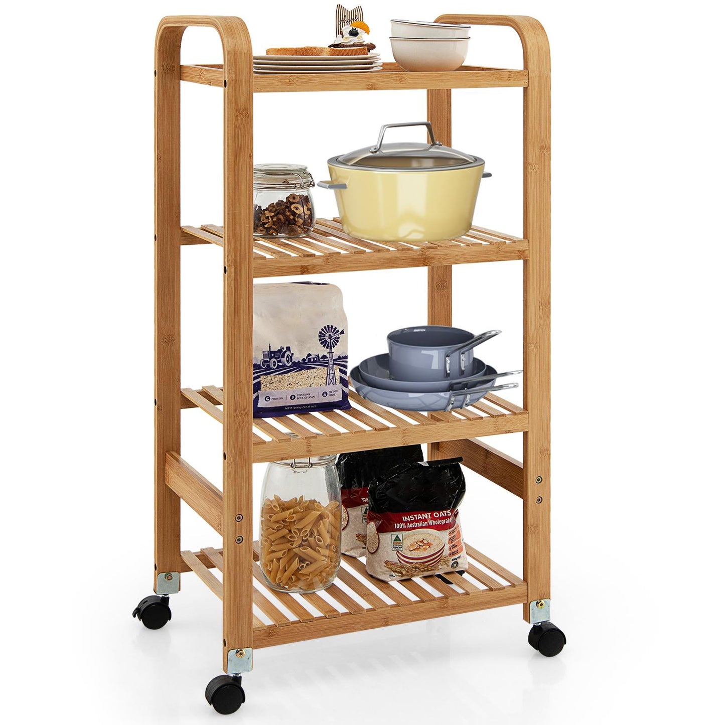 Giantex Bamboo Rolling Cart, Kitchen Utility Serving Trolley w/Locking Casters, Multifunctional Storage Rack, Mobile End Table, Island Stand Shelf for Home Office