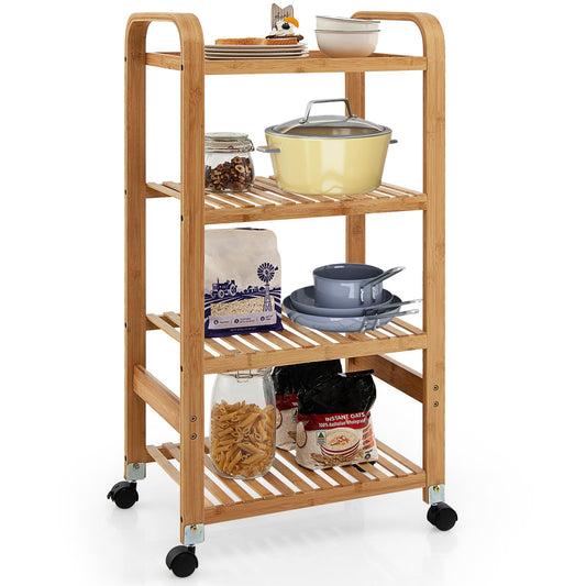 Giantex Bamboo Rolling Cart, Kitchen Utility Serving Trolley w/Locking Casters, Multifunctional Storage Rack, Mobile End Table, Island Stand Shelf for Home Office