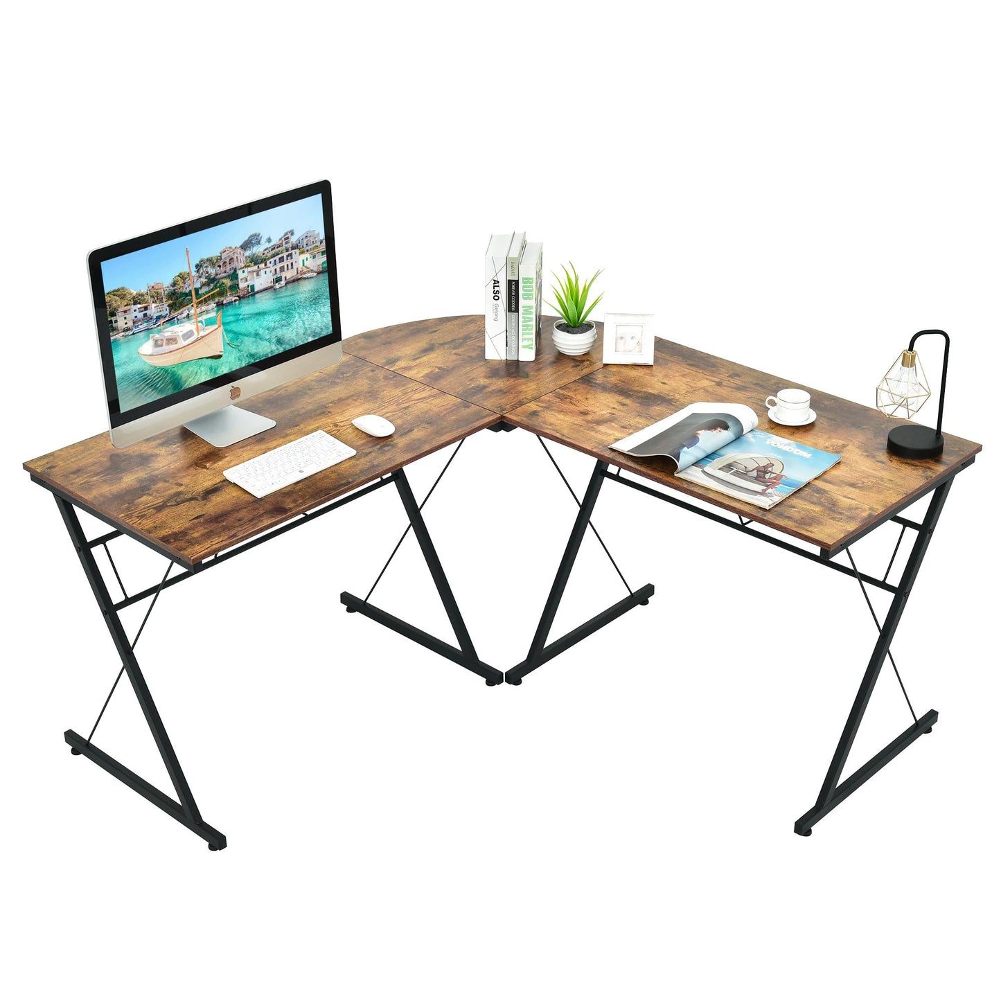 Giantex L-Shaped Computer Desk, Writing Desk Workstation w/Round Edge, Modern PC Laptop Computer Table for Home Office, Rustic Brown