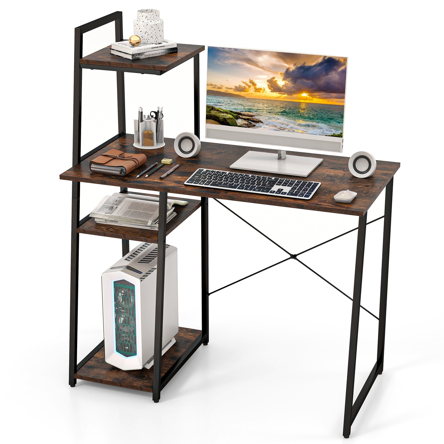 Giantex Computer Desk, Modern Study Writing Table w/ 4-Tier Storage Shelves & X-Shaped Frame, Home Office Workstation, Brown